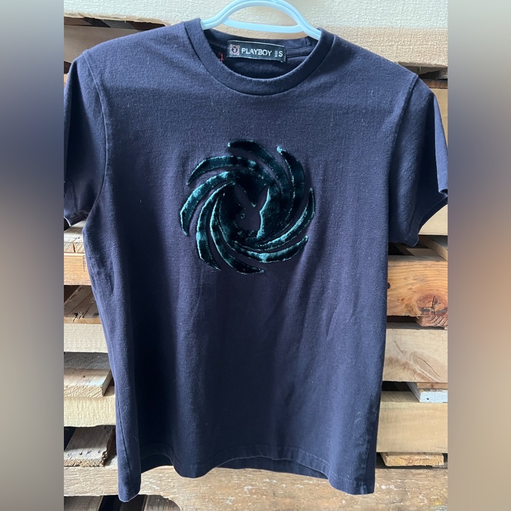 Playboy black Tee with green flocked swirl